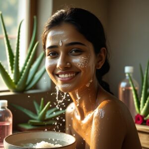 A young Indian woman washing her face with rice water, glowing skin, smiling naturally; background includes aloe vera, rose water, and a bowl of soaked rice. 
