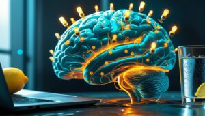 A-brain-glowing-with-lightbulbs-and-energy-symbols-with-a-cup-of-lemon-water-beside-a-laptop-–-concept-art-for-focus-and-energy-boost