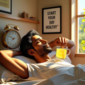 Alarm-clock-ringing-at-6-am-person-stretching-and-drinking-warm-lemon-water-with-motivational-quote_-‘Start-your-day-