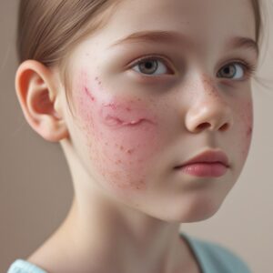 Close-up-of-an-girl-with-acne-and-mild-eczema-on-face-and-neck.-Background-soft-and-neutral.-Dermatology-focused-clean-