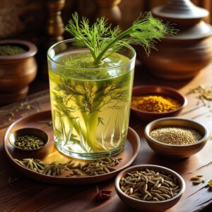 Glass-of-fennel-and-cumin-seed-water-with-ingredients-beside-it.-Rustic-Indian-setting-