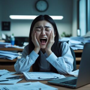 Tired-girl-at-work-desk-yawning-with-dark-circles-messy-desk-with-laptop.-Clock-