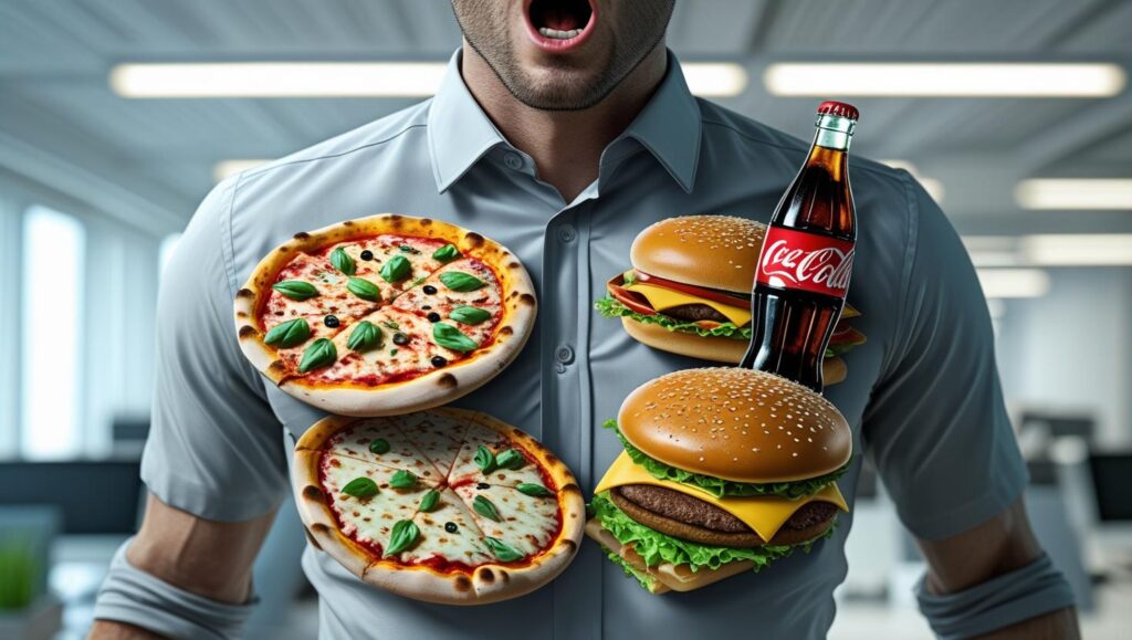 a-man-torso-with-transparent-gut-showing-coke-pizza-and-burger-and-shouting-with-his-mouth-on-people-in-a-office-set-up-