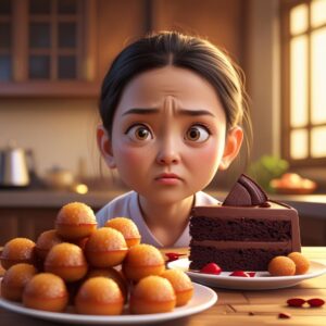 girl-looking-tempted-at-a-plate-full-of-sweets-gulab-jamun-cake-holding-stomach.-Background_-kitchen.-Expression-of-internal-