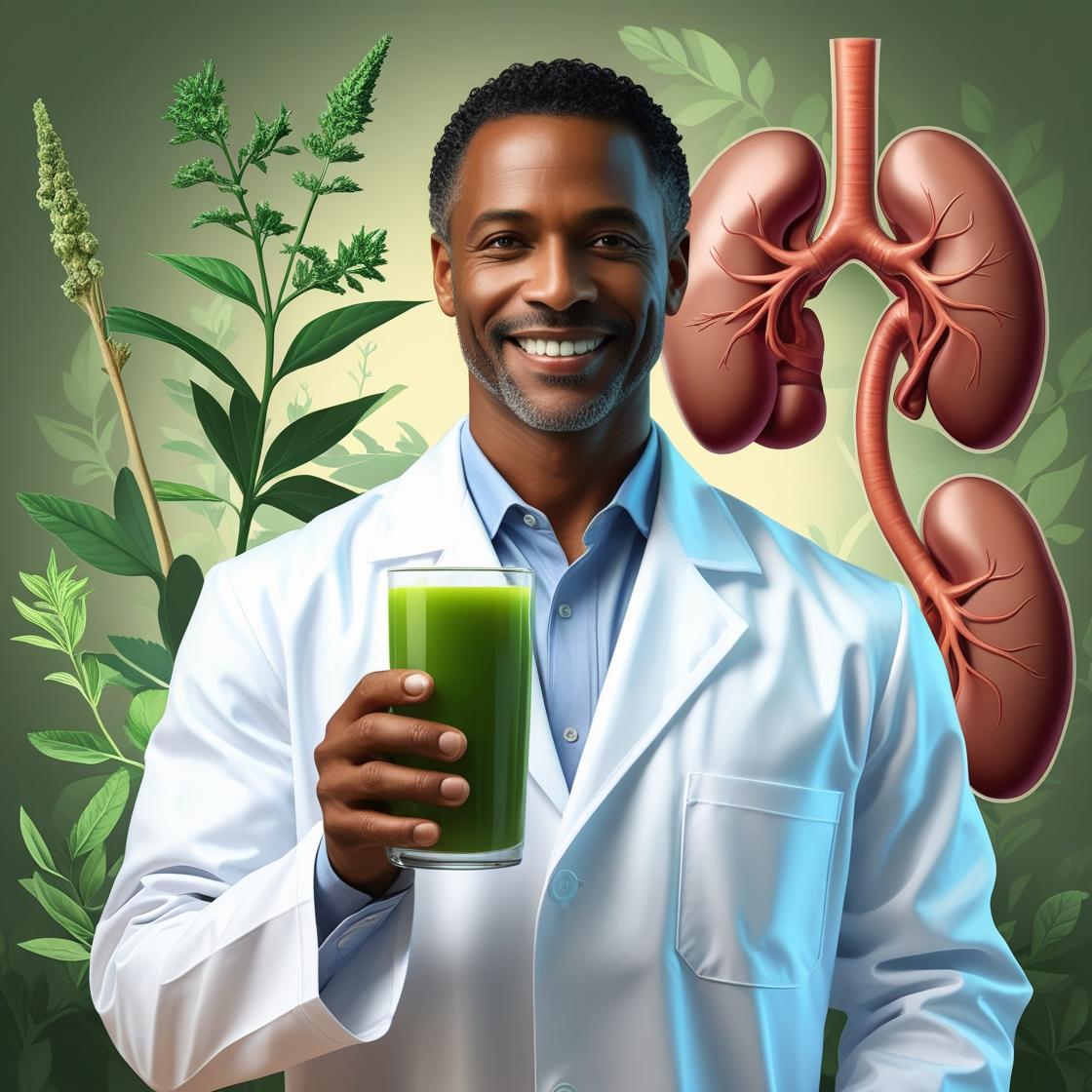 एक-डॉक्टर-सफेद-कोट-में-हाथ-में-हर्बल-जूस-का-ग्लास-पकड़े-बैकग्राउंड-में-हर्बल-प्लांट्स-और-किडनी