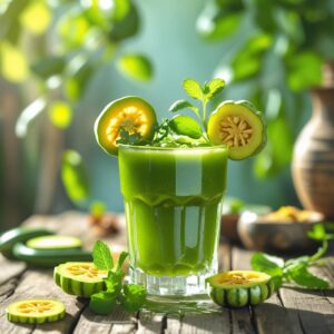 एक-लकड़ी-की-टेबल-पर-साफ-ग्लास-में-हरा-जूस-जिसमें-लौकी-करेला-आंवला-धनिया-और-पुदीना-सजे-हों